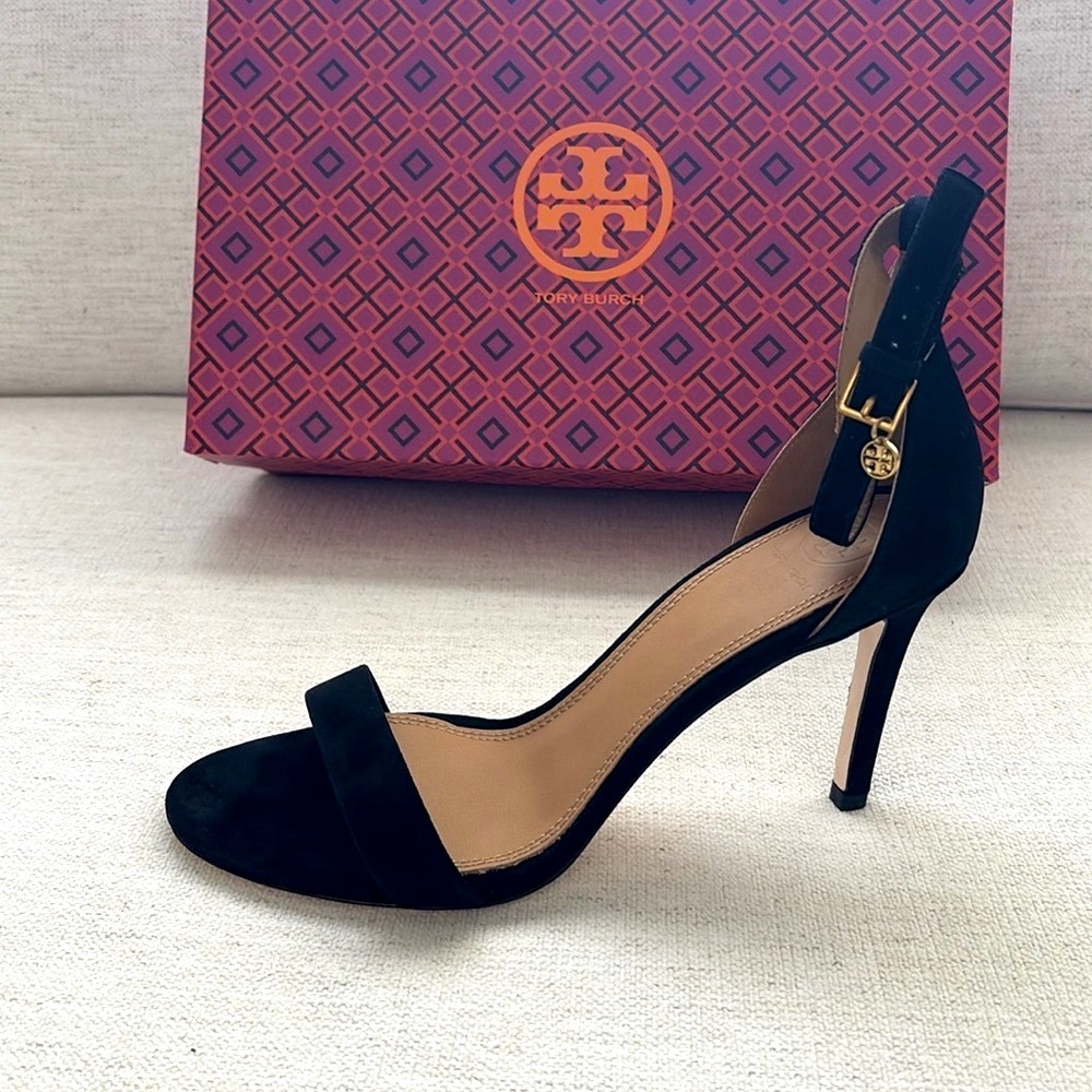 Tory Burch Ankle Strap Sandals in Perfect Black Kid Suede. Size 8. New With Tags